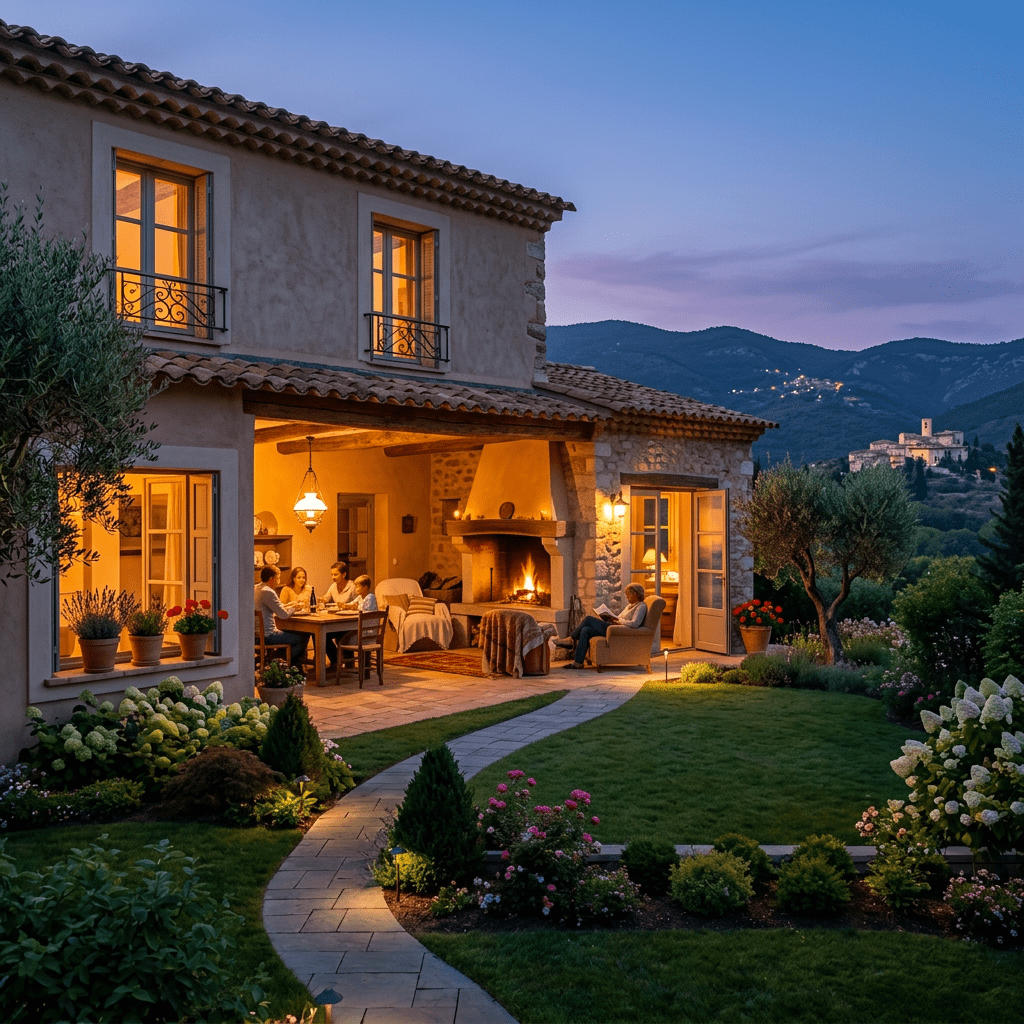 Mediterranean-style house with family dining by fireplace at dusk