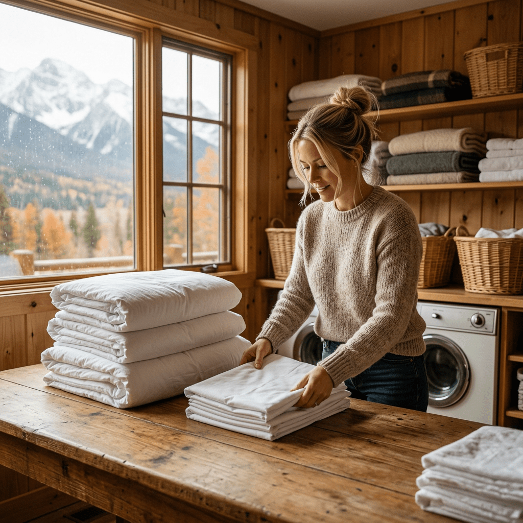 Blonde woman managing linens in mountain home